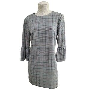 Zara Women's Size M Plaid Ruffle Bell Sleeve Mini Shift‎ Dress Black White EUC